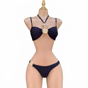 Traje de baño dos piezas con flores doradas metálicas negro